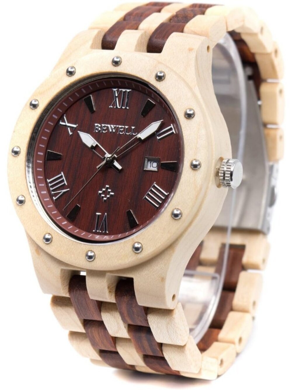 Men's Beige Red Handmade Date Display Analog Quartz Luminous Wrist Wooden Watch